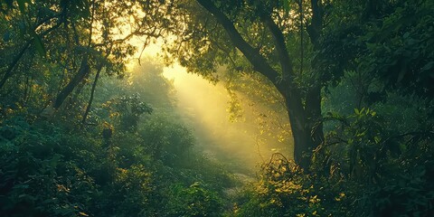 Obraz premium Magical golden hour in the heart of a deep green forest