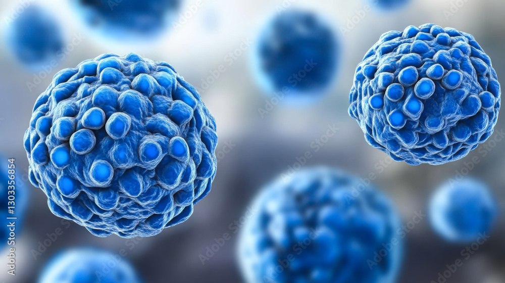 Poster blue spherical cells under microscopic observation in a laboratory setting