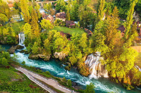 Village of Rastoke near Slunj in Croatia, old water mills on waterfalls of Korana river, beautiful countryside landscape. Landscape with river and little waterfalls in Rastoke village, Croatia.