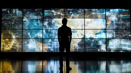 Fototapeta premium Observer of the Digital Realm: Silhouette of a person gazing at a large wall of interactive screens displaying complex data visualizations in a darkened room.