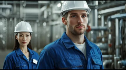 Two Caucasian engineers wearing blue uniforms and white safety helmets standing in a modern industrial facility, symbolizing teamwork and professionalism