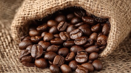 Roasted coffee beans spilling from burlap sack on rustic background