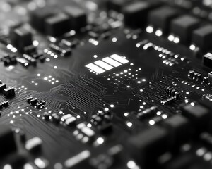 Circuit board, illuminated, close-up, monochrome