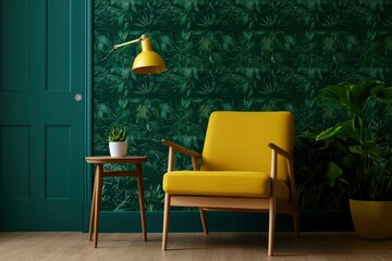 Fototapeta premium Reading corner with yellow chair, lamp, and plants against leaf wallpaper. Mockup