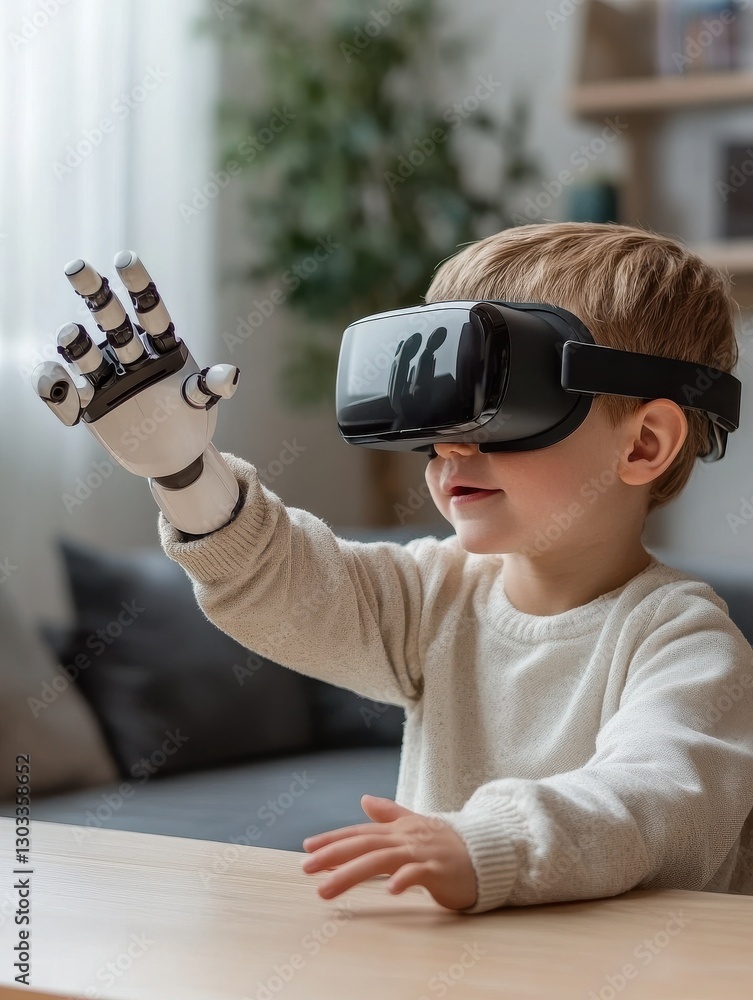 Poster enthusiastic smart little boy sitting at the table while experimenting with humanoid robotic hand an