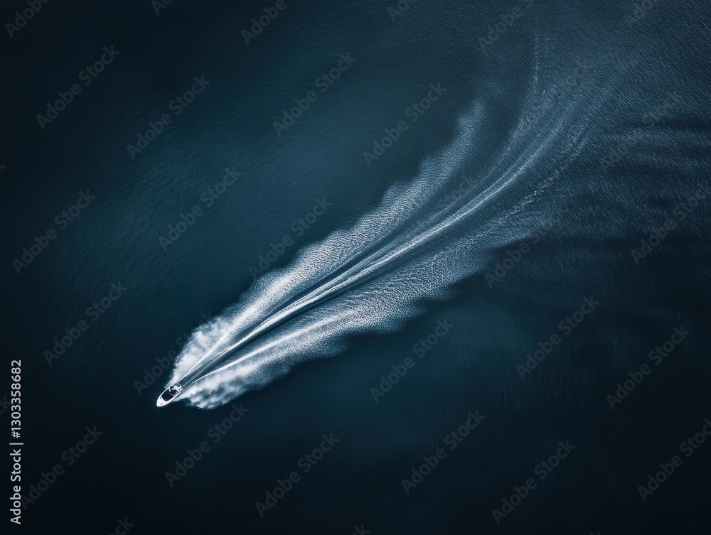 Poster aerial view of a speedboat creating wake patterns on calm dark waters with a serene aquatic environm