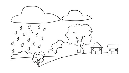 A simple line drawing depicts a rainy day scene with clouds, rain falling, trees, bushes, and two small houses on a gently sloping hill. Childlike style.
