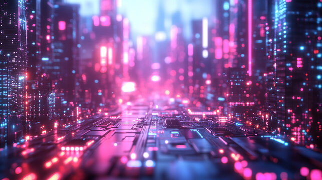 A futuristic 3D-rendered mockup featuring cyber platforms and cables illuminated by glowing neon lights. A space-themed illustration with a modern, high-tech aesthetic, evoking innovation and progress