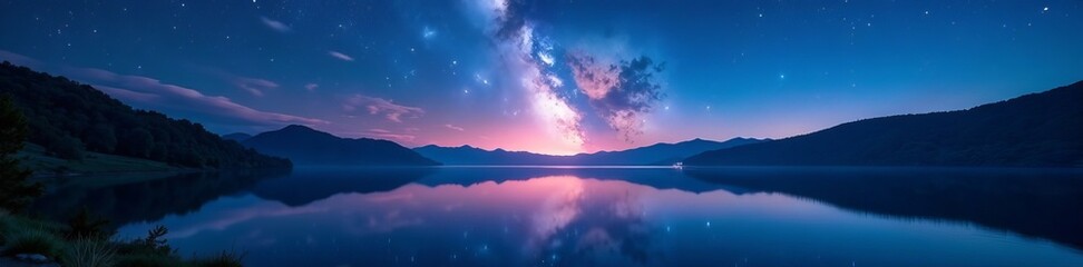 Obraz premium A mesmerizing view of the night sky over a tranquil lake, night, landscape