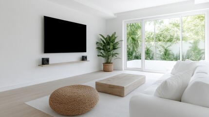 A serene, modern living room featuring a large TV, potted plant, and cozy furnishings, creating a perfect atmosphere for relaxation and entertainment in a bright space.