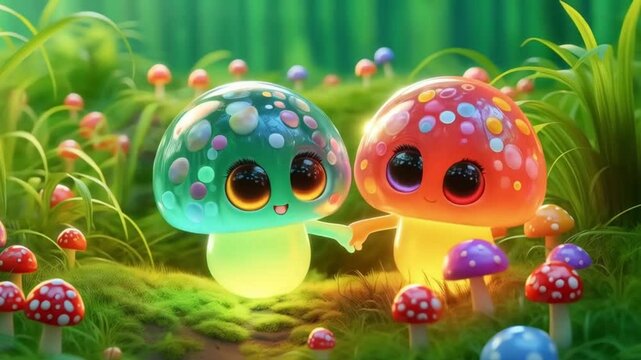 3D funny amanita mushroom cartoon in vibrant forest

