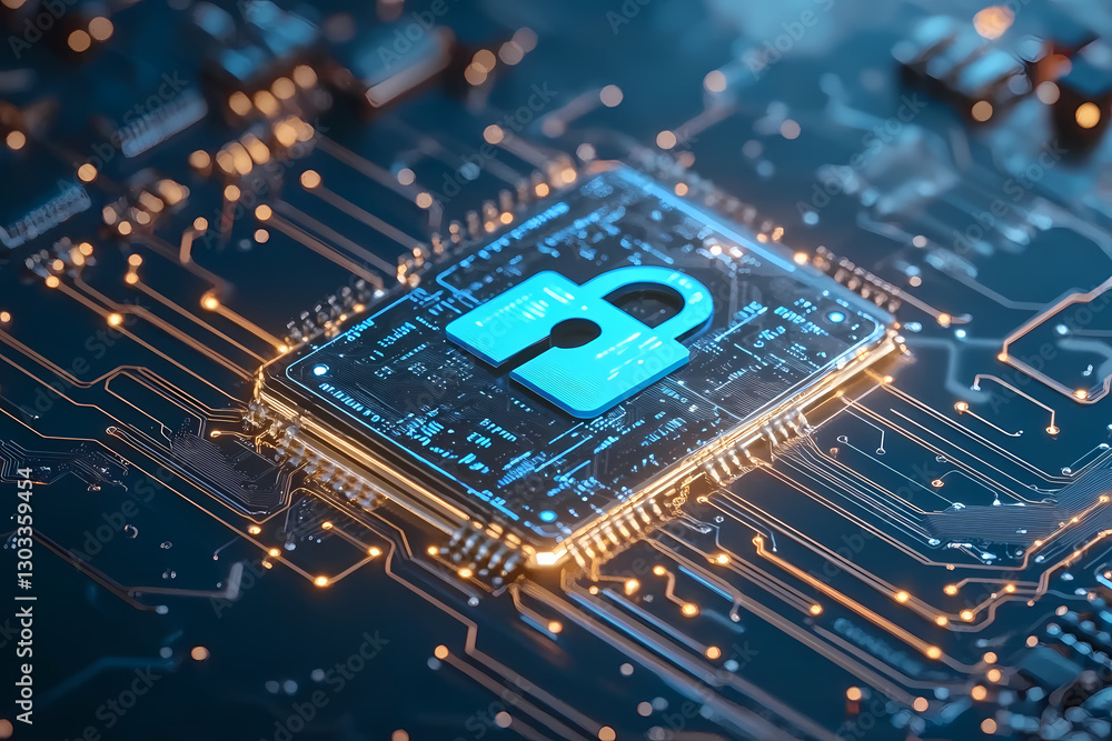 Poster digital fortress: a glowing lock symbol superimposed on a detailed circuit board, emphasizing securi