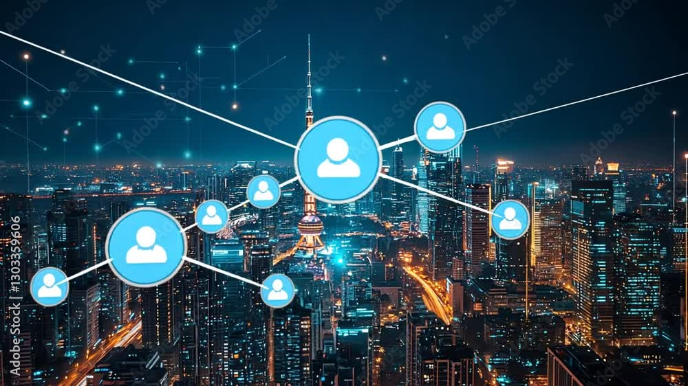 Poster smart city network connection with data transmission via digital communication concept
