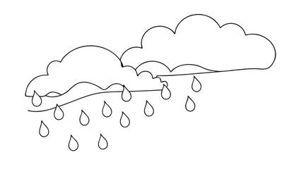 A simple line drawing of a cloud with raindrops falling. The image is black and white, minimalist, and childlike in style. It depicts a basic weather scene.
