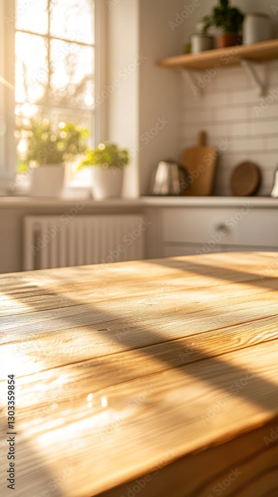 Aufkleber sunlight pours into a cozy kitchen, illuminating a rustic wooden table. shadows dance across the sur