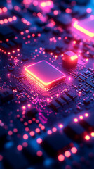 A futuristic 3D-rendered mockup featuring cyber platforms and cables illuminated by glowing neon lights. A space-themed illustration with a modern, high-tech aesthetic, evoking innovation and progress