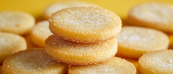 Stacked sugar-dusted cookies, close-up shot, placed on a yellow background