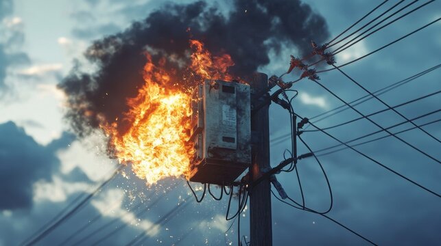 Power transformer on fire on utility pole during electrical malfunction