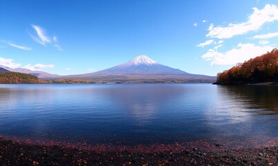 view of Mount Fuji from the shore, with vibrant red leaves framing the mountain and clear blue skies overhead