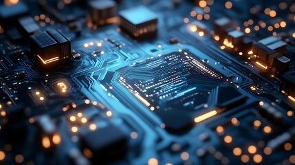 Circuit board processing data. Blue lights glow