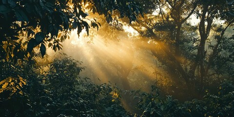Misty forest with golden sun rays breaking through the dense canopy