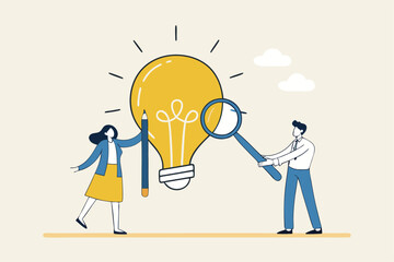 Business viability checking, feasibility study by market research to see possibility to success in real world, evaluate profitable of business idea, businessman with magnifier analyze lightbulb idea.