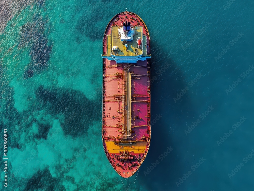 Poster aerial view of a vibrant cargo ship navigating clear waters in a tropical environment with rich colo