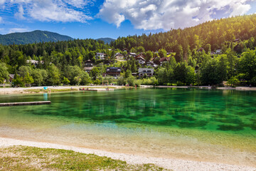 Jasna lake with beautiful mountains. Nature scenery in Triglav national park. Location: Triglav...