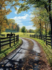 Obraz premium Fence and horses along a country backroad in rural York County, PA.