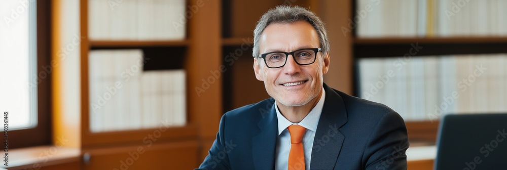 Poster a man in a suit and tie is smiling in front of a bookshelf. the bookshelf is filled with books, and 