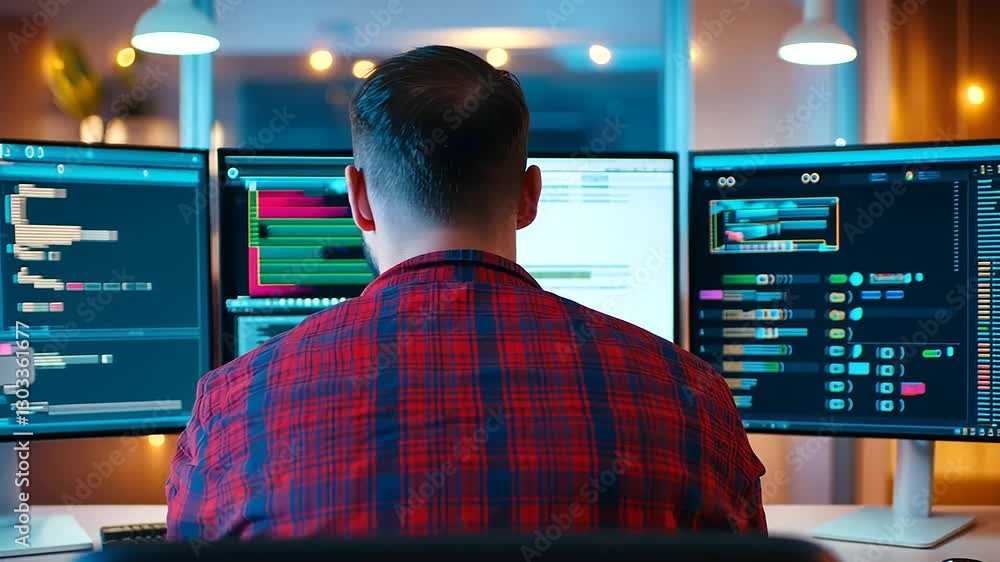 Poster a male programmer working on blockchain technology in a contemporary office setting.