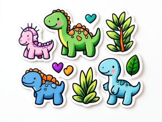 Obraz premium Colorful cartoon dinosaur stickers with plants and hearts on a white background