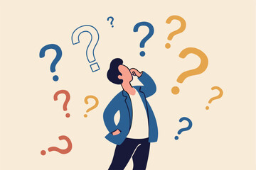 Ask questions, FAQ, problem or curiosity, doubt and confusion to be answer, challenge and uncertainty, unknown information or solution concept, contemplation businessman thinking with question marks.