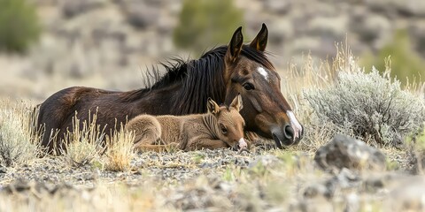 Fototapeta premium Mother horse nuzzling her newborn foal