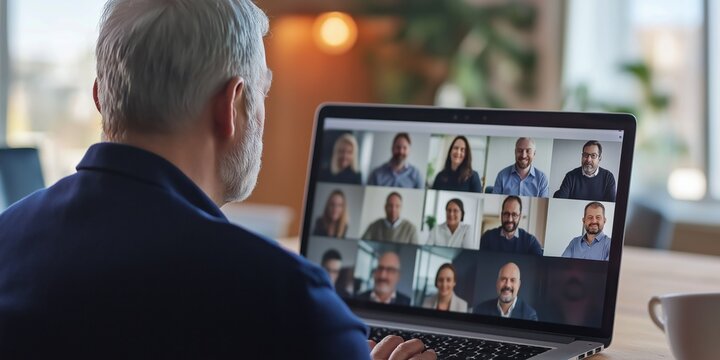 A man is sitting at a table with a laptop open to a video call with a group of people