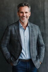 Obraz premium A man in a black jacket and blue shirt is smiling. He is wearing a belt and jeans