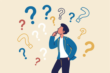 Ask questions, FAQ, problem or curiosity, doubt and confusion to be answer, challenge and uncertainty, unknown information or solution concept, contemplation businessman thinking with question marks.