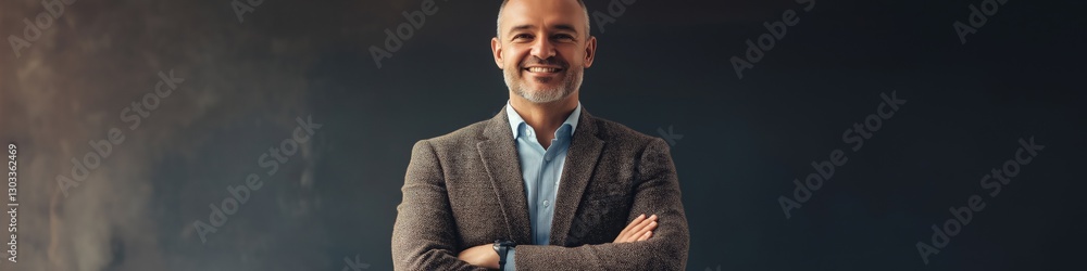 Poster a man in a suit with a smile on his face. he is wearing a jacket with a pattern of stars on it