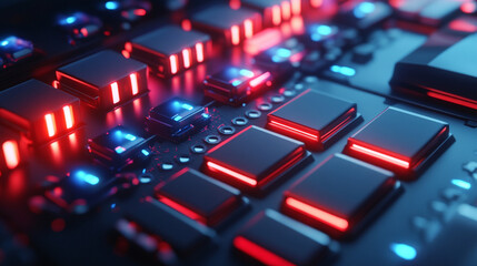 A futuristic 3D-rendered mockup featuring cyber platforms and cables illuminated by glowing neon lights. A space-themed illustration with a modern, high-tech aesthetic, evoking innovation and progress