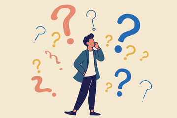 Ask questions, FAQ, problem or curiosity, doubt and confusion to be answer, challenge and uncertainty, unknown information or solution concept, contemplation businessman thinking with question marks.