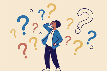 Ask questions, FAQ, problem or curiosity, doubt and confusion to be answer, challenge and uncertainty, unknown information or solution concept, contemplation businessman thinking with question marks.