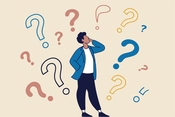 Ask questions, FAQ, problem or curiosity, doubt and confusion to be answer, challenge and uncertainty, unknown information or solution concept, contemplation businessman thinking with question marks.