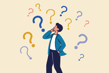 Ask questions, FAQ, problem or curiosity, doubt and confusion to be answer, challenge and uncertainty, unknown information or solution concept, contemplation businessman thinking with question marks.