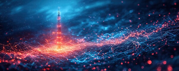 Naklejka premium Futuristic digital landscape featuring glowing blue networks and radiant signal tower
