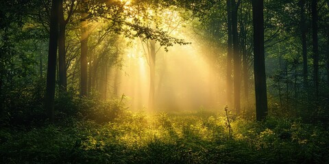 Fototapeta premium Mystic woodland where golden light and mist intertwine over the rich greenery