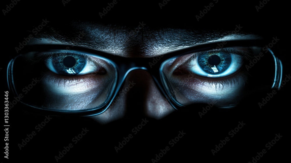 Poster vision, hacking and technology concept - close up of hacker eyes in glasses looking at computer scre