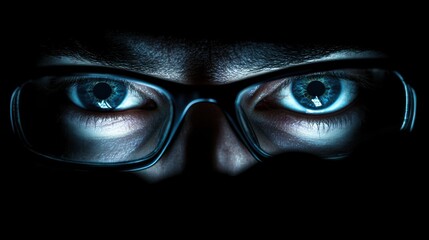 vision, hacking and technology concept - close up of hacker eyes in glasses looking at computer screen in darkness