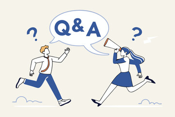 QA, question and answer session, FAQ or frequently asked questions, information to solve problem concept, businessman and woman shouting on megaphone as Q and A on speech bubble.