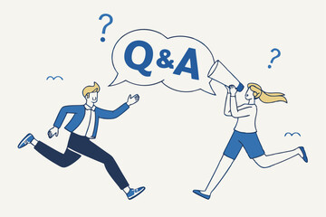 QA, question and answer session, FAQ or frequently asked questions, information to solve problem concept, businessman and woman shouting on megaphone as Q and A on speech bubble.