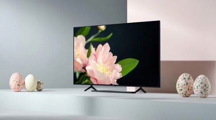 Modern Flat Screen TV Displaying Pink Flower with Pastel Easter Eggs